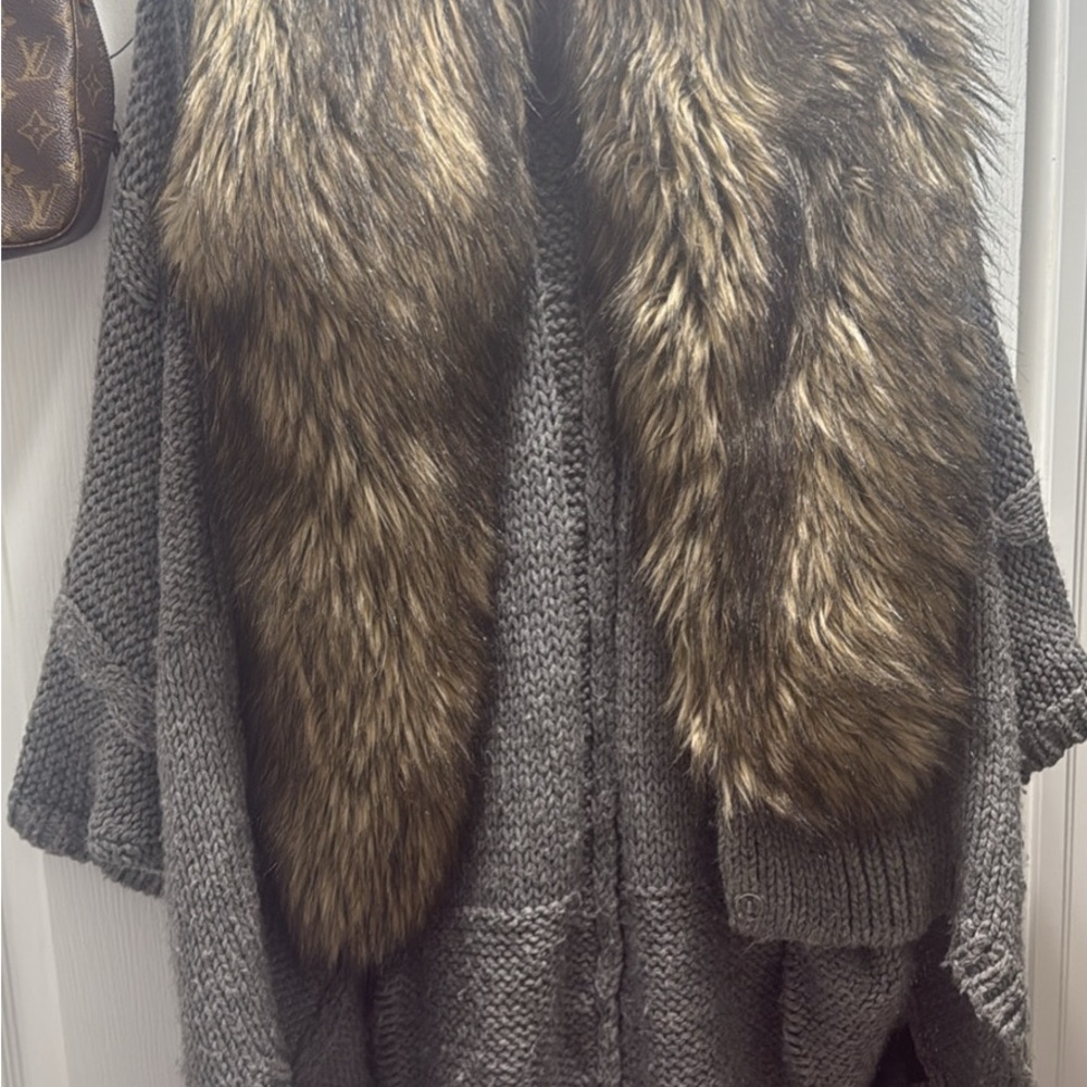Guess Charcoal Cardigan with Faux Fur Trim